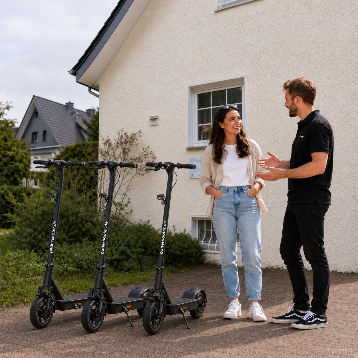 Persönliche Beratung neben drei bereitstehenden E-Scootern