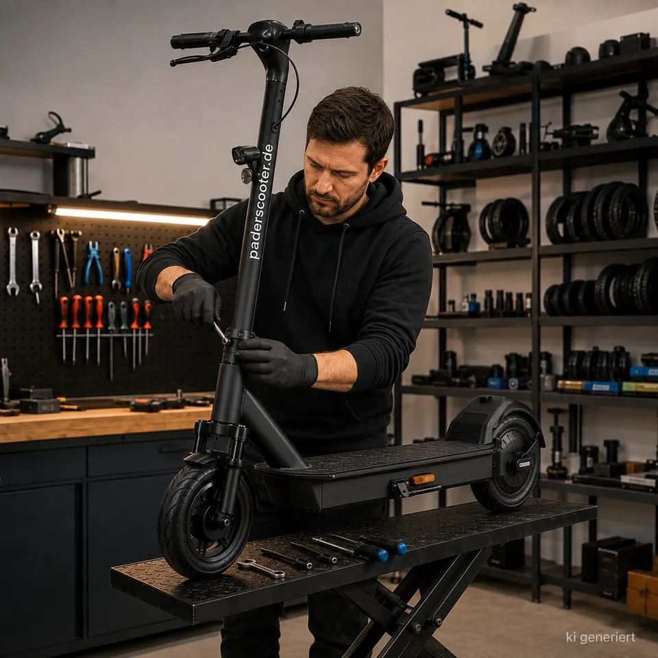 Mechaniker bei der Wartung eines E-Scooters in einer Werkstatt